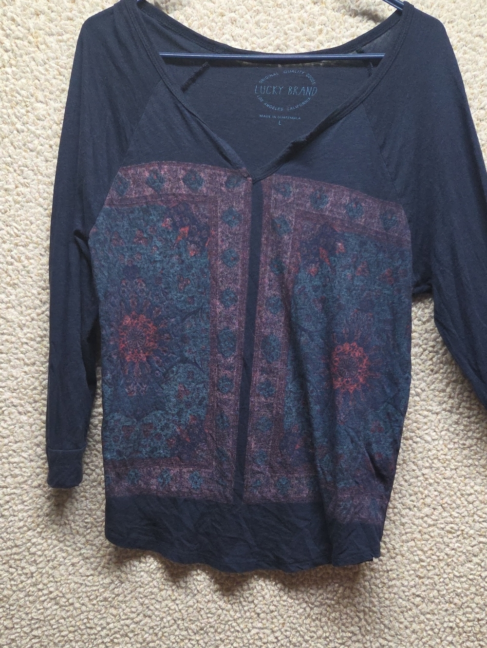 Lucky Brand Black Short Sleeve Tee with Red and Blue Paisley Panel